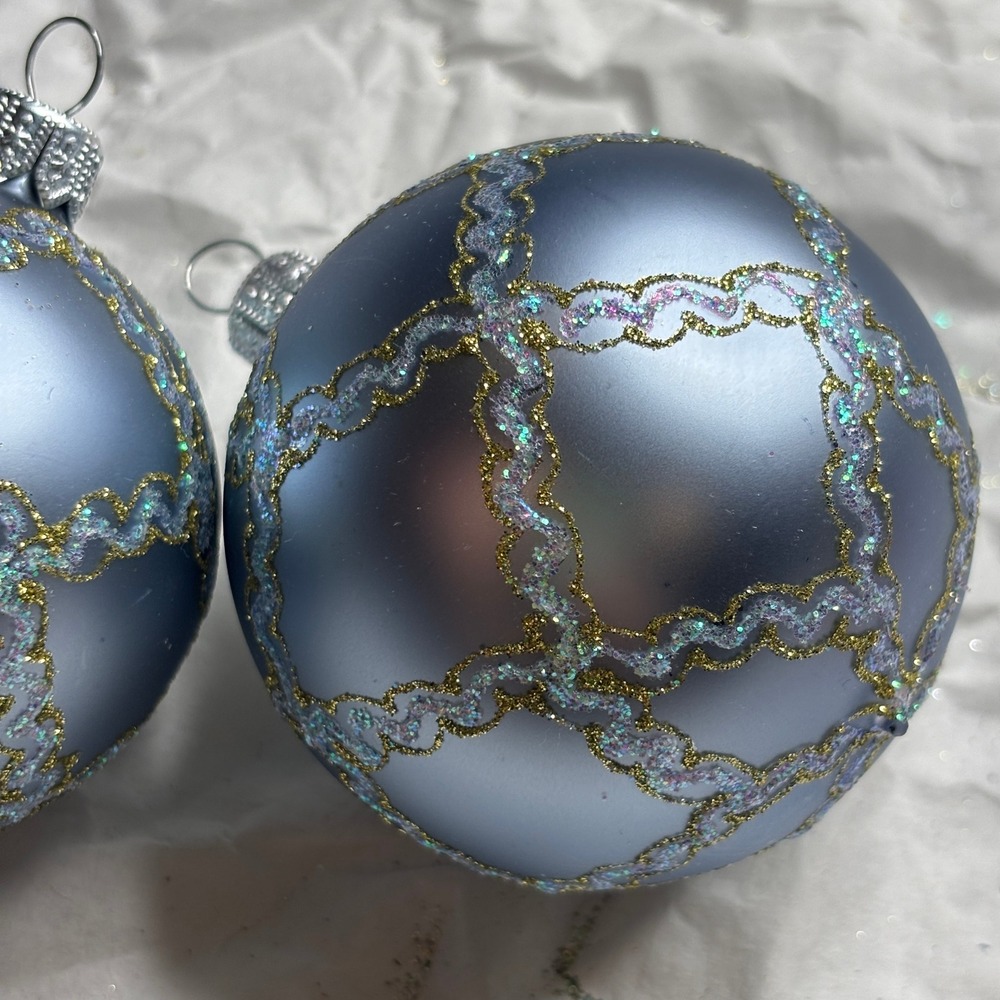 Crate&Barrel Christmas Ornaments Silverish Blue Glitter Trellis Set of 2 - Picture 3 of 9